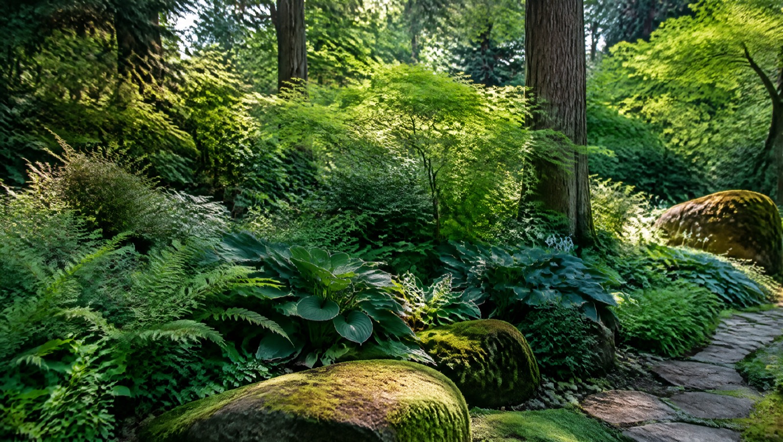 A lush shaded garden border with ferns and mossy stones